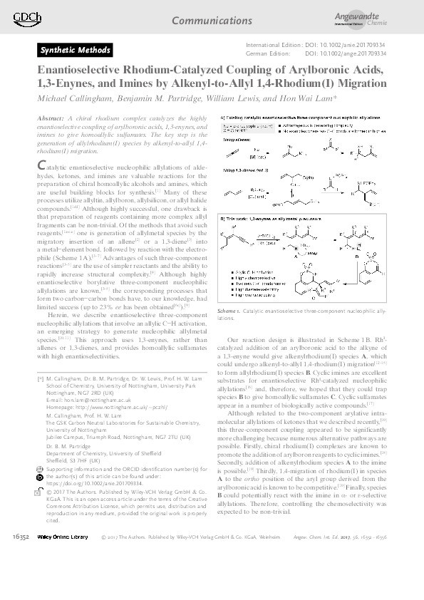 Enantioselective rhodium-catalyzed coupling of arylboronic acids, 1,3-enynes, and Imines by alkenyl-to-allyl 1,4-rhodium(I) migration Thumbnail