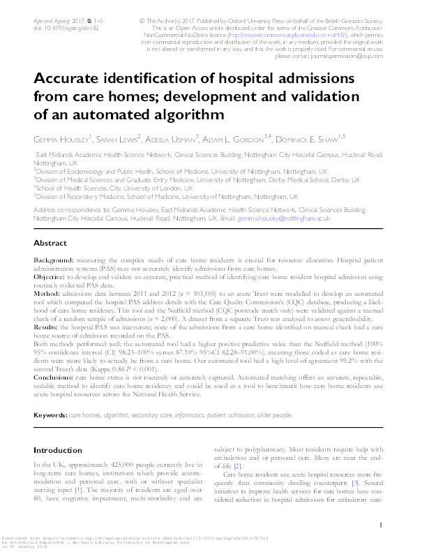 Accurate identification of hospital admissions from care homes: development and validation of an automated algorithm Thumbnail
