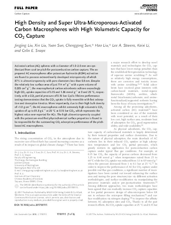 High density and super ultra-microporous-activated carbon macrospheres with high volumetric capacity for CO2 capture Thumbnail