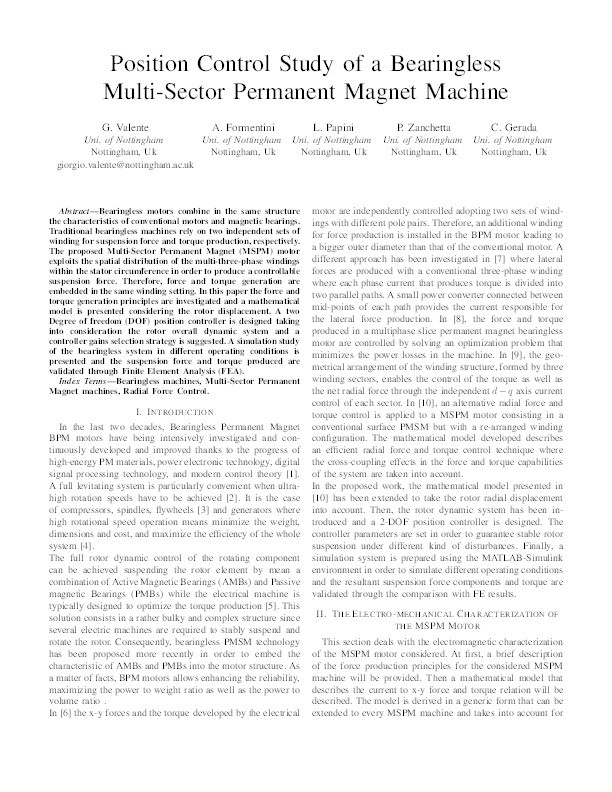 Position control study of a bearingless multi-sector permanent magnet machine Thumbnail