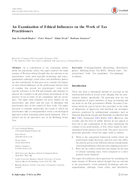 An examination of the ethical influences on the work of tax practitioners Thumbnail