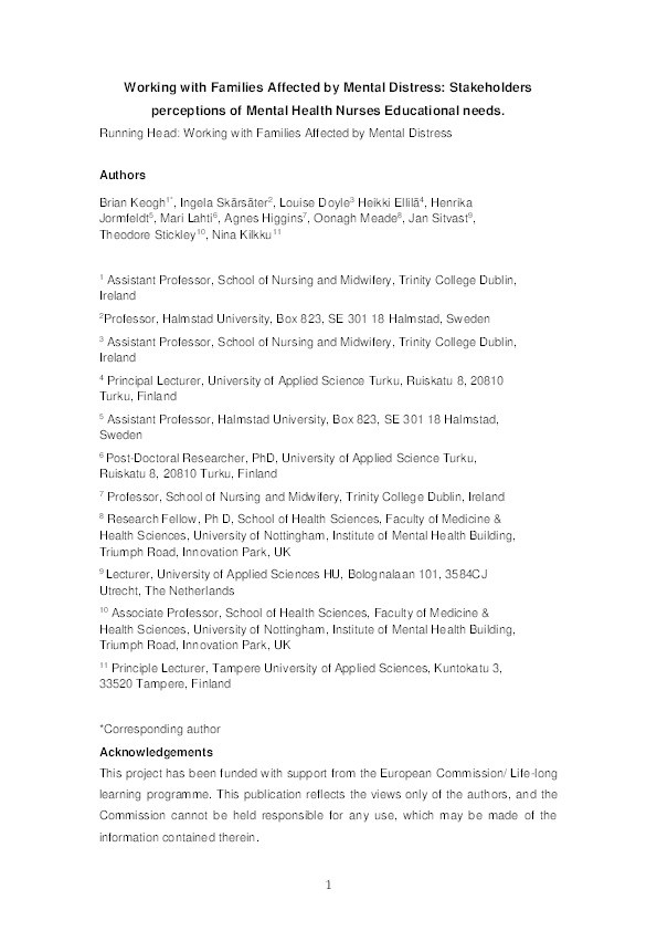 Working with Families Affected by Mental Distress: Stakeholders' Perceptions of Mental Health Nurses Educational Needs Thumbnail