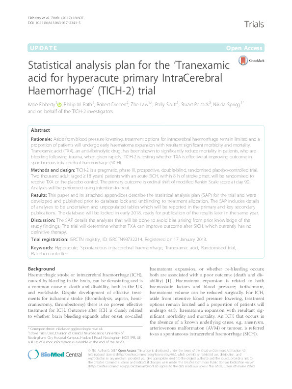 Statistical analysis plan for the ‘Tranexamic acid for hyperacute primary IntraCerebral Haemorrhage’ (TICH-2) trial Thumbnail