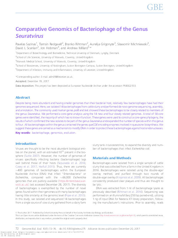 Comparative genomics of bacteriophage of the genus Seuratvirus Thumbnail