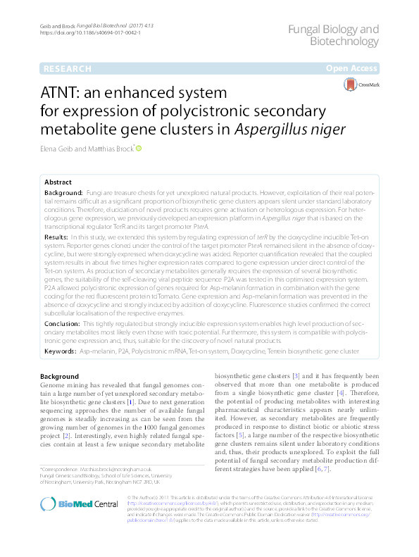 ATNT: an enhanced system for expression of polycistronic secondary metabolite gene clusters in Aspergillus niger Thumbnail