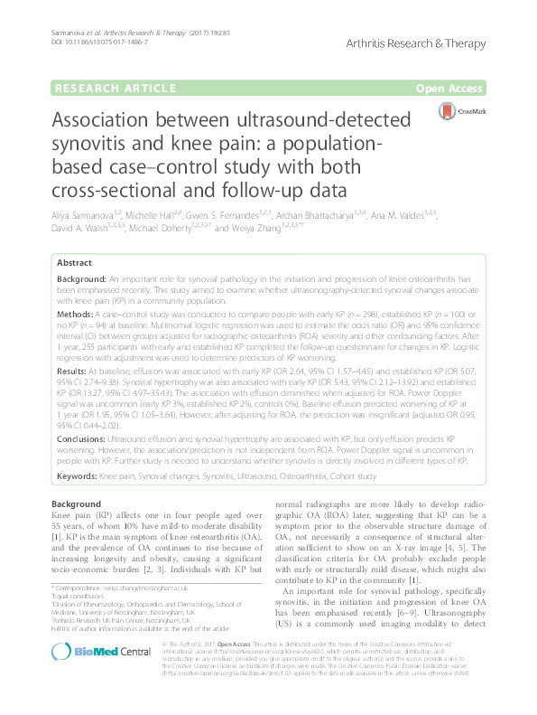 Association between ultrasound-detected synovitis and knee pain: a population-based case-control study with both cross-sectional and follow-up data Thumbnail