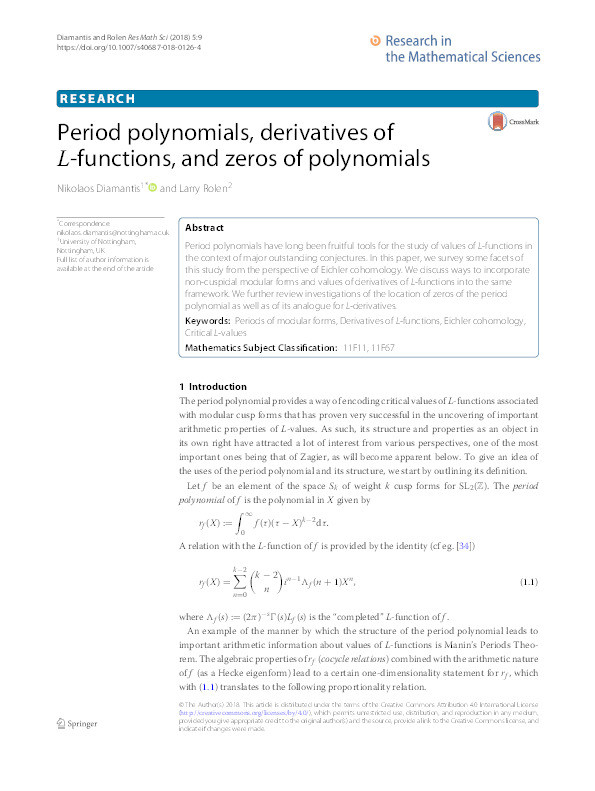 Period polynomials, derivatives of L-functions, and zerosof polynomials Thumbnail