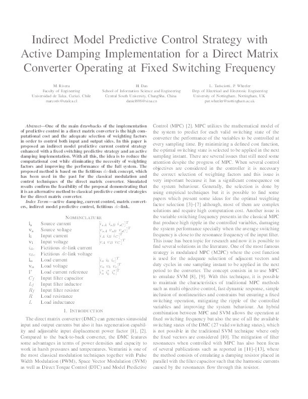 Indirect model predictive control strategy with active damping implementation for a direct matrix converter operating at fixed switching frequency Thumbnail