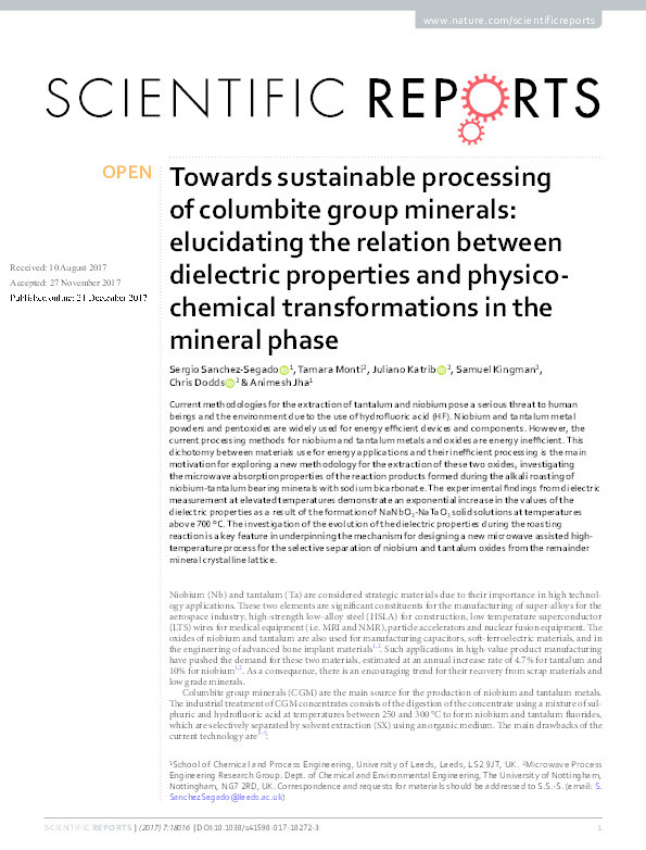 Towards sustainable processing of columbite group minerals: Elucidating the relation between dielectric properties and physico-chemical transformations in the mineral phase Thumbnail
