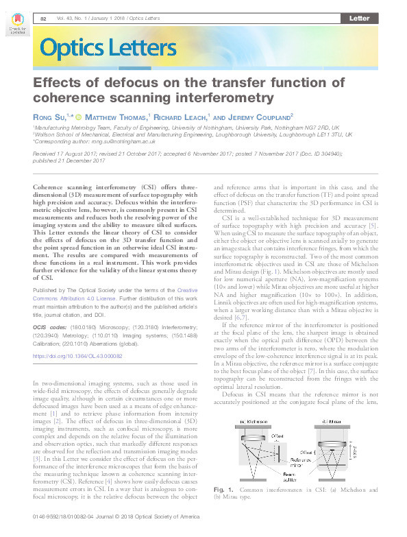 Effects of defocus on the transfer function of coherence scanning interferometry Thumbnail