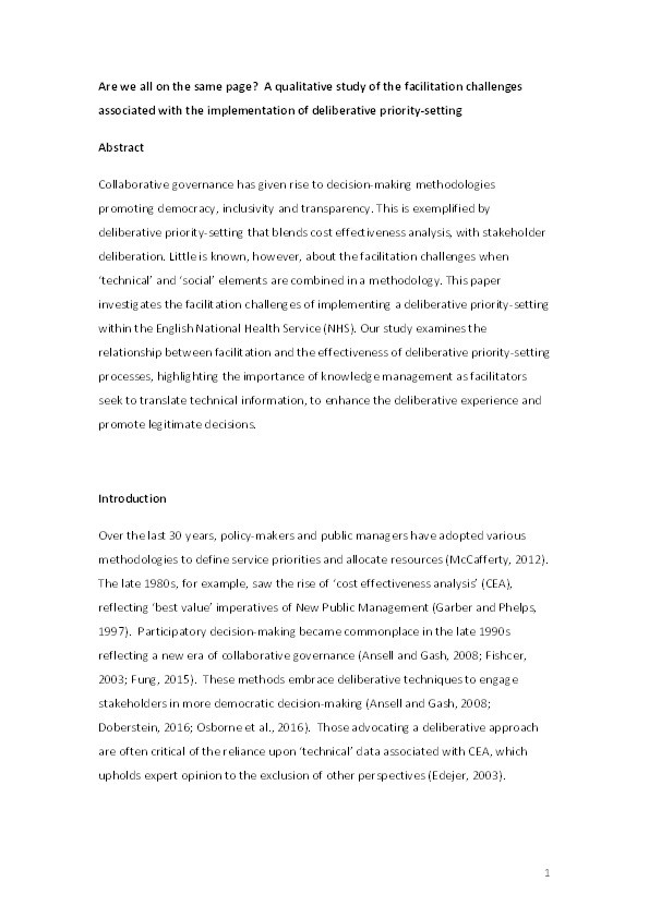 Are we all on the same page? A qualitative study of the facilitation challenges associated with the implementation of deliberative priority-setting Thumbnail