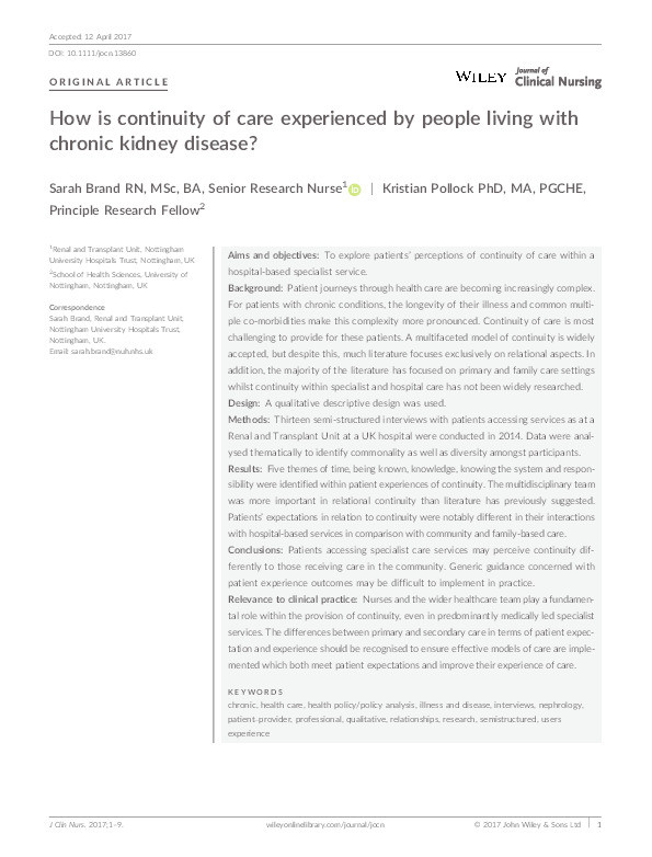 How is continuity of care experienced by people living with Chronic Kidney Disease? Thumbnail