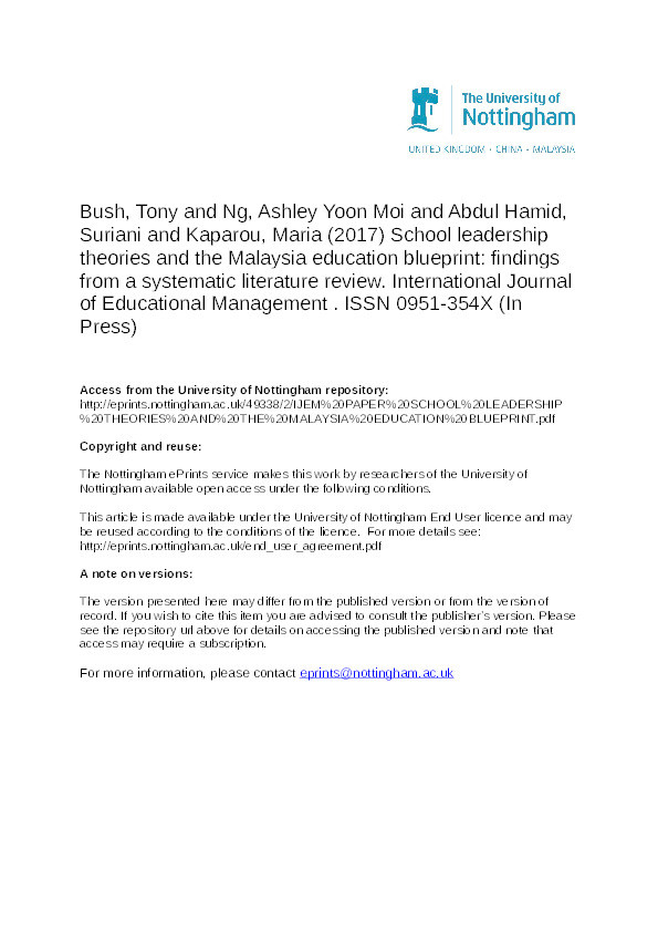 School leadership theories and the Malaysia education blueprint: findings from a systematic literature review Thumbnail