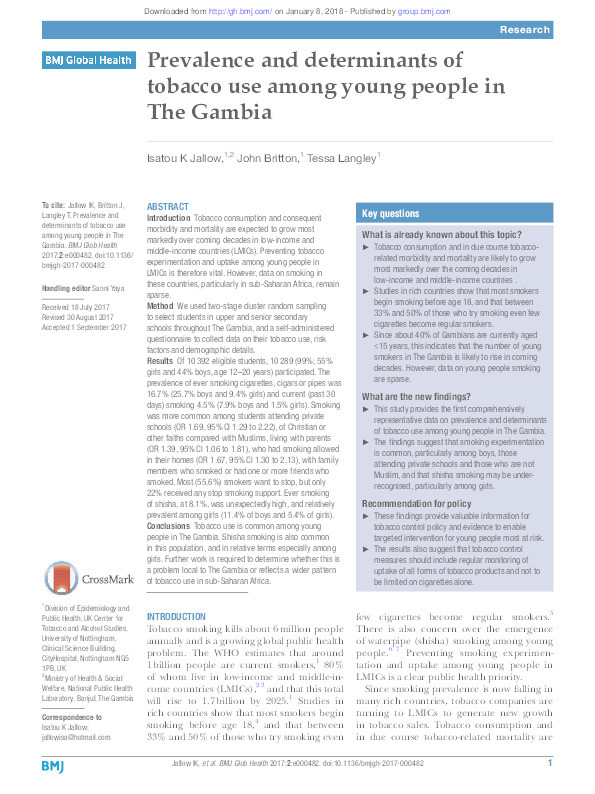 Prevalence and determinants of tobacco use among young people in the Gambia Thumbnail