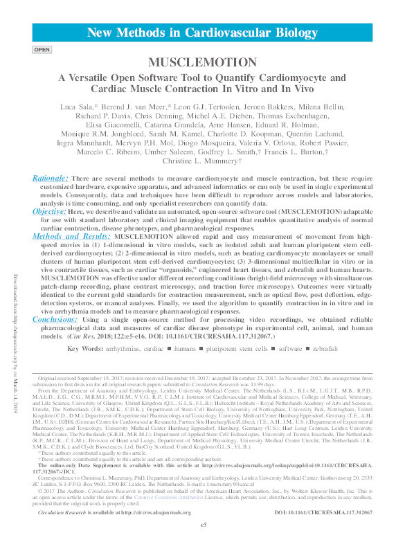 MUSCLEMOTION: a versatile open software tool to quantify cardiomyocyte and cardiac muscle contraction in vitro and in vivo Thumbnail