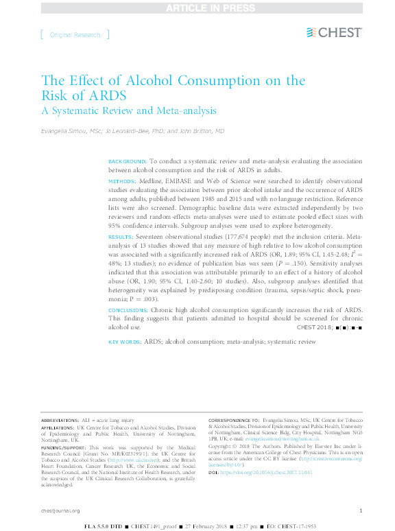 The effect of alcohol consumption on the risk of ARDS: a systematic review and meta-analysis Thumbnail