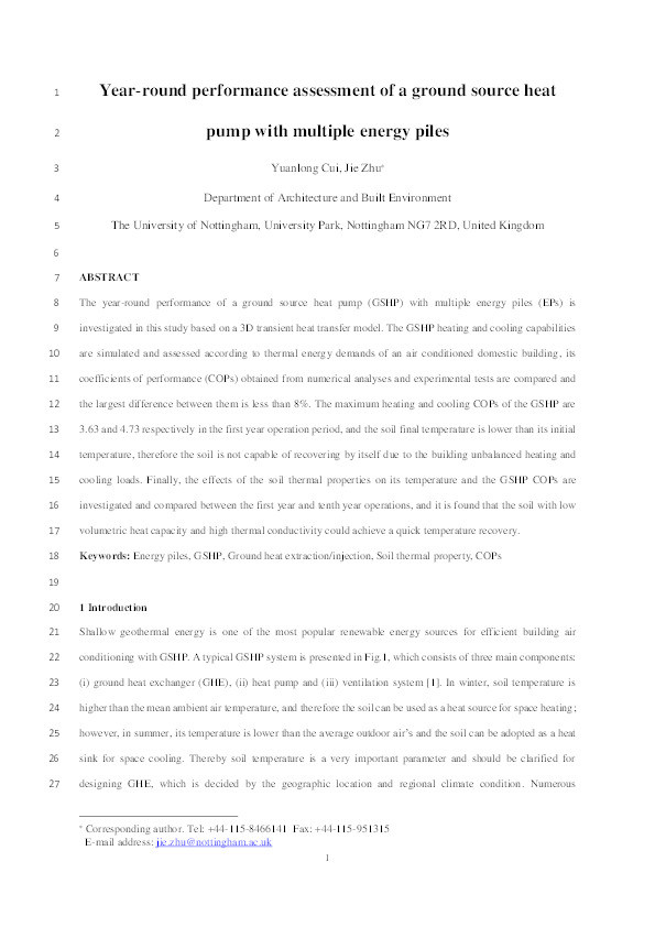 Year-round performance assessment of a ground source heat pump with multiple energy piles Thumbnail