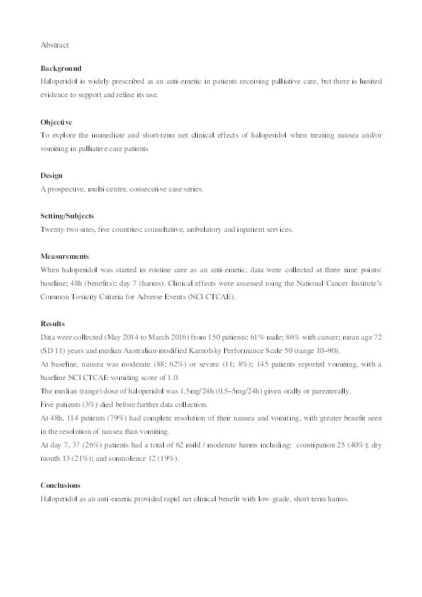 Pharmacovigilance in hospice/palliative care: net effect of haloperidol for nausea or vomiting Thumbnail