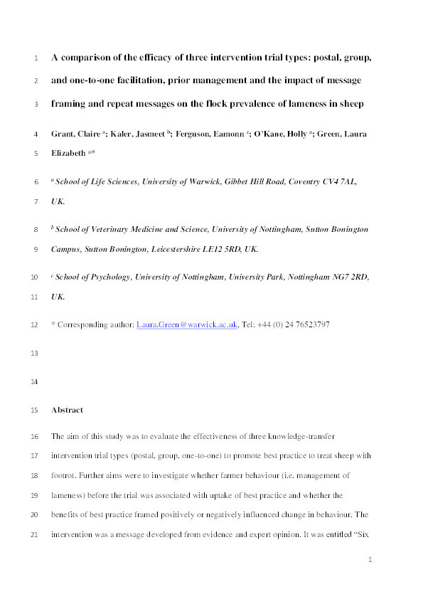A comparison of the efficacy of three intervention trial types: postal, group, and one-to-one facilitation, prior management and the impact of message framing and repeat messages on the flock prevalence of lameness in sheep Thumbnail