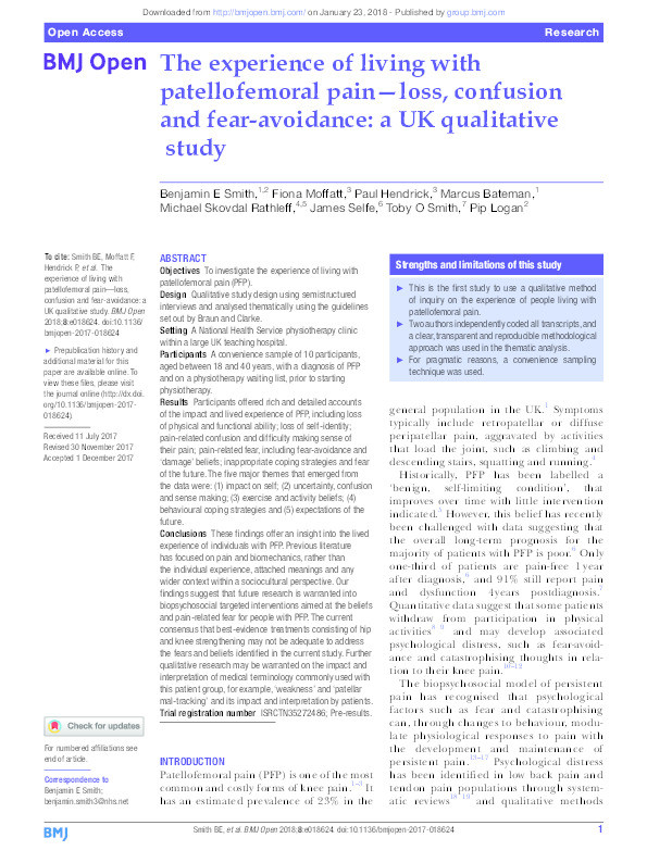 The experience of living with patellofemoral pain—loss, confusion and fear-avoidance: a UK qualitative study Thumbnail