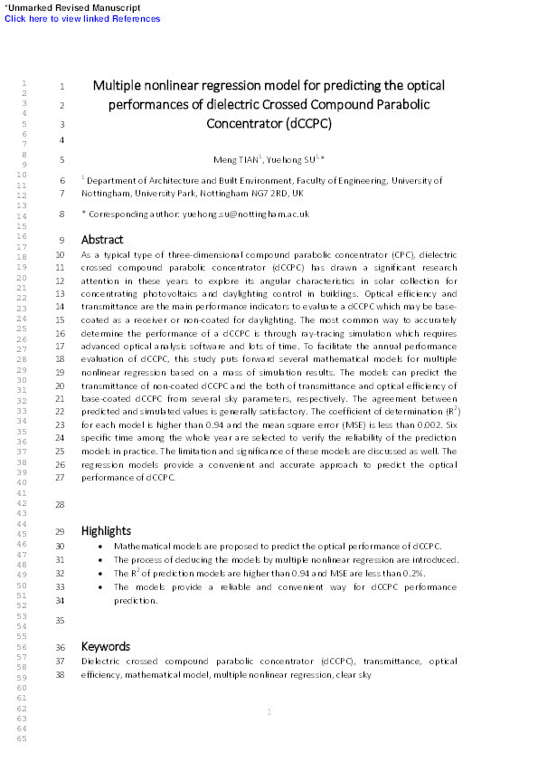 Multiple nonlinear regression model for predicting the optical performances of dielectric crossed compound parabolic concentrator (dCCPC) Thumbnail