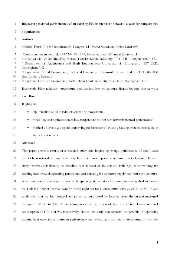 Improving thermal performance of existing UK district heat network: a case for temperature optimization Thumbnail