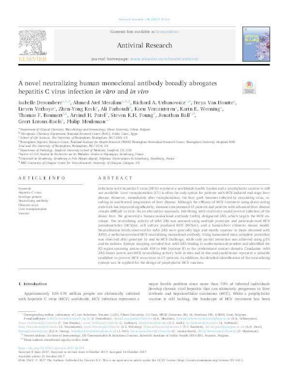 A novel neutralizing human monoclonal antibody broadly abrogates hepatitis C virus infection in vitro and in vivo Thumbnail