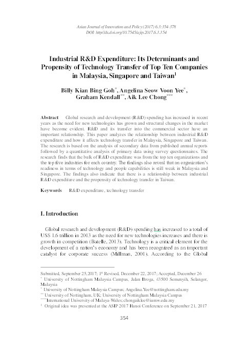 Industrial R&D expenditure: its determinants and propensity of technology transfer of top ten companies in Malaysia, Singapore and Taiwan Thumbnail
