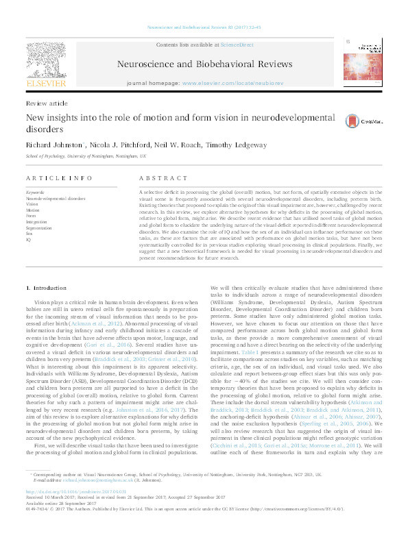 New insights into the role of motion and form vision in neurodevelopmental disorders Thumbnail