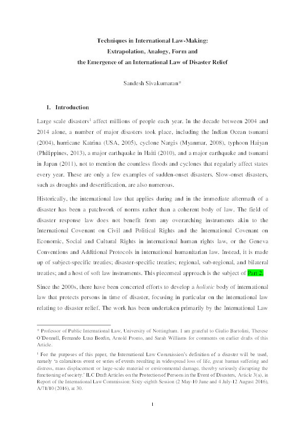 Techniques in international law-making: extrapolation, analogy, form and the emergence of an international law of disaster relief Thumbnail