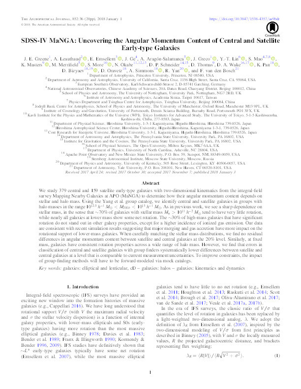 SDSS-IV MaNGA: uncovering the angular momentum content of central and satellite early-type galaxies Thumbnail