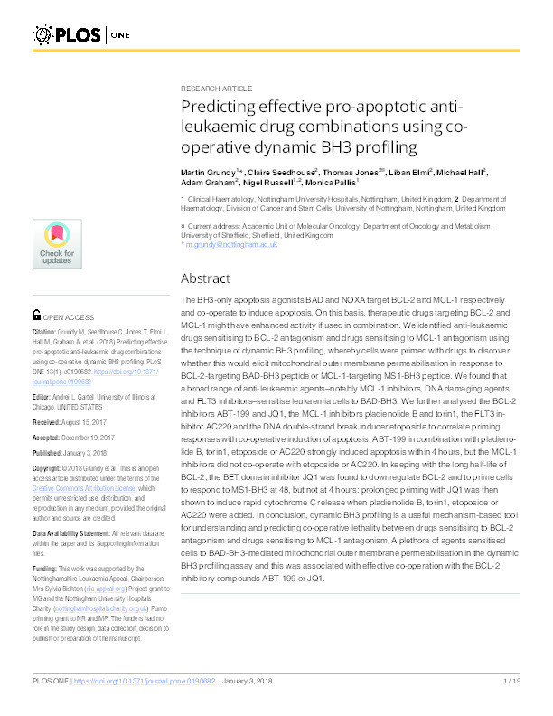 Predicting effective pro-apoptotic antileukaemic drug combinations using cooperative dynamic BH3 profiling Thumbnail
