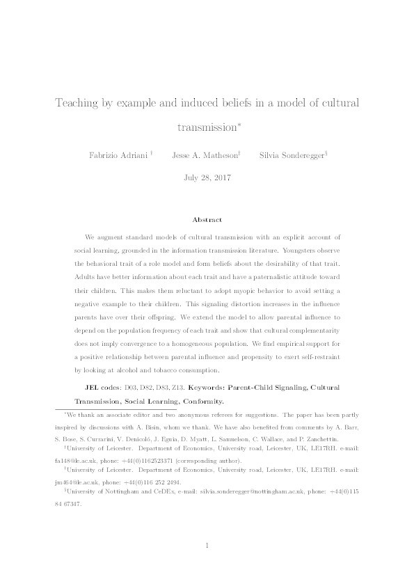 Teaching by example and induced beliefs in a model of cultural transmission Thumbnail