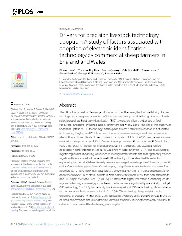 Drivers for precision livestock technology adoption: a study of factors associated with adoption of electronic identification technology by commercial sheep farmers in England and Wales Thumbnail