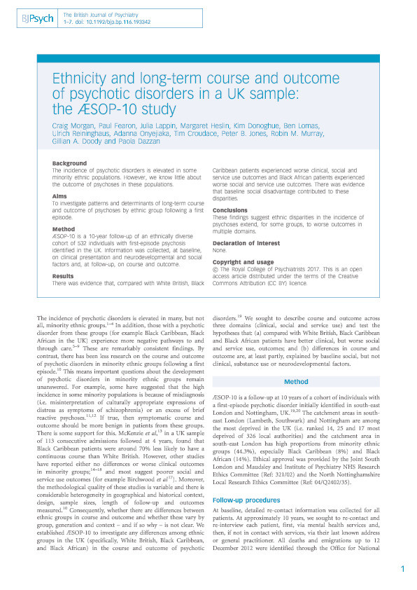 Ethnicity and long-term course and outcome of psychotic disorders in a UK sample: the AESOP-10 study Thumbnail