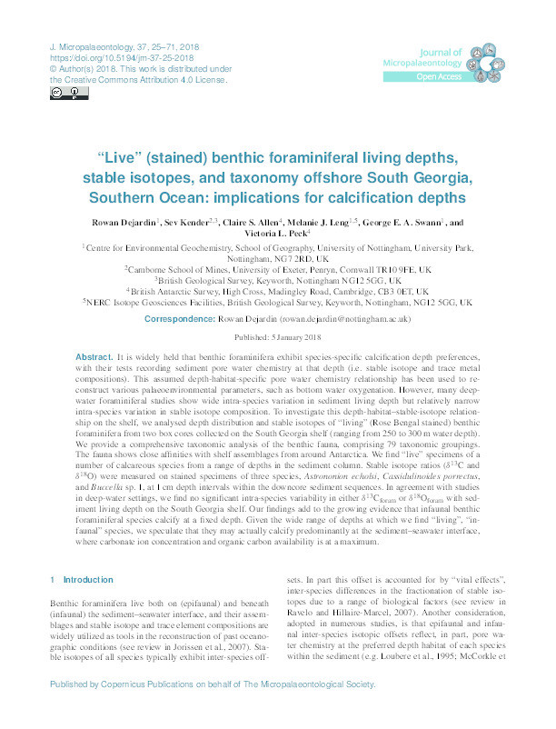 "Live” (stained) benthic foraminiferal living depths, stable isotopes, and taxonomy offshore South Georgia, Southern Ocean: implications for calcification depths Thumbnail