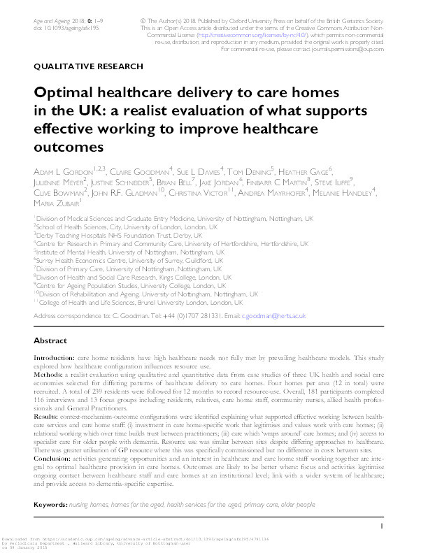 Optimal healthcare delivery to care homes in the UK: a realist evaluation of what supports effective working to improve healthcare outcomes Thumbnail