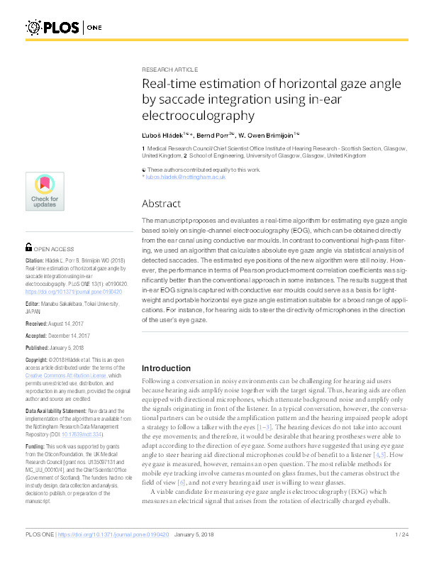 Real-time estimation of horizontal gaze angle by saccade integration using in-ear electrooculography Thumbnail