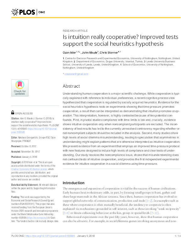 Is intuition really cooperative? Improved tests support the social heuristics hypothesis Thumbnail