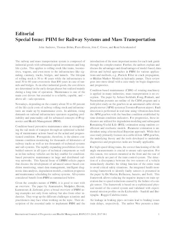 Editorial special issue: PHM for railway systems and mass transportation Thumbnail