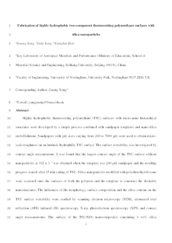 Fabrication of highly hydrophobic two-component thermosetting polyurethane surfaces with silica nanoparticles Thumbnail