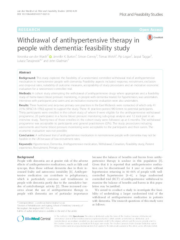 Withdrawal of antihypertensive therapy in people with dementia: feasibility study Thumbnail