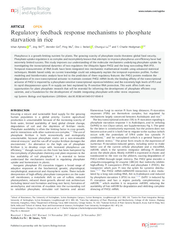 Regulatory feedback response mechanisms to phosphate starvation in rice Thumbnail