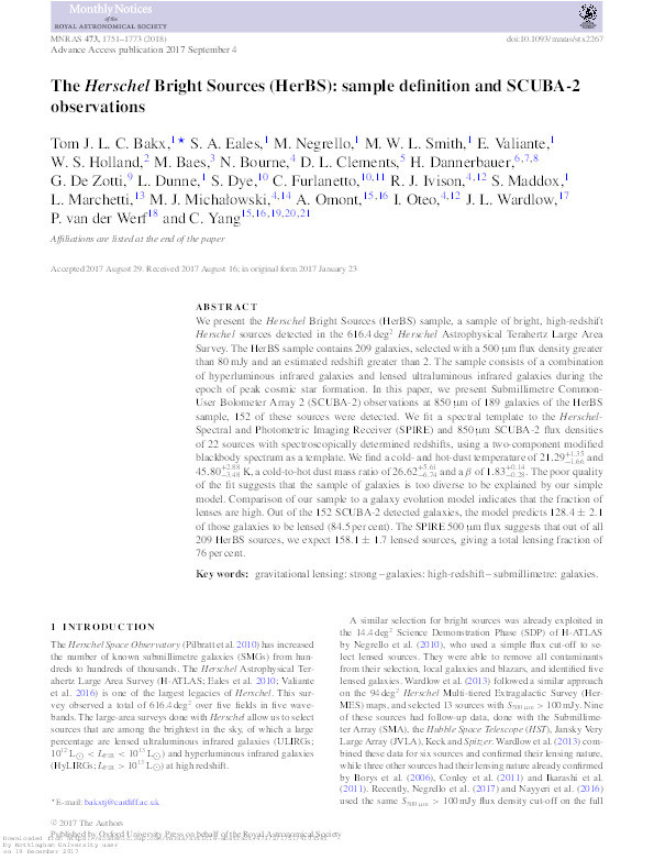 The Herschel Bright Sources (HerBS): sample definition and SCUBA-2 observations Thumbnail