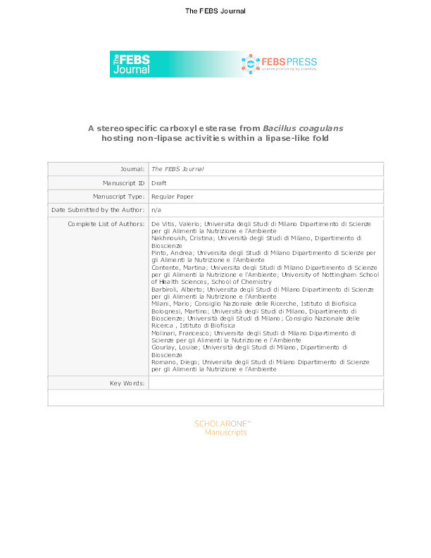 A stereospecific carboxyl esterase from Bacillus coagulans hosting nonlipase activity within a lipase-like fold Thumbnail