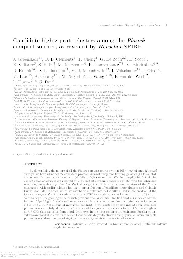 Candidate high-z proto-clusters among the Planck compact sources, as revealed by Herschel-SPIRE Thumbnail