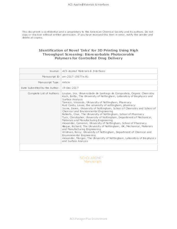 Identification of novel ‘inks’ for 3D printing using high throughput screening: bioresorbable photocurable polymers for controlled drug delivery Thumbnail