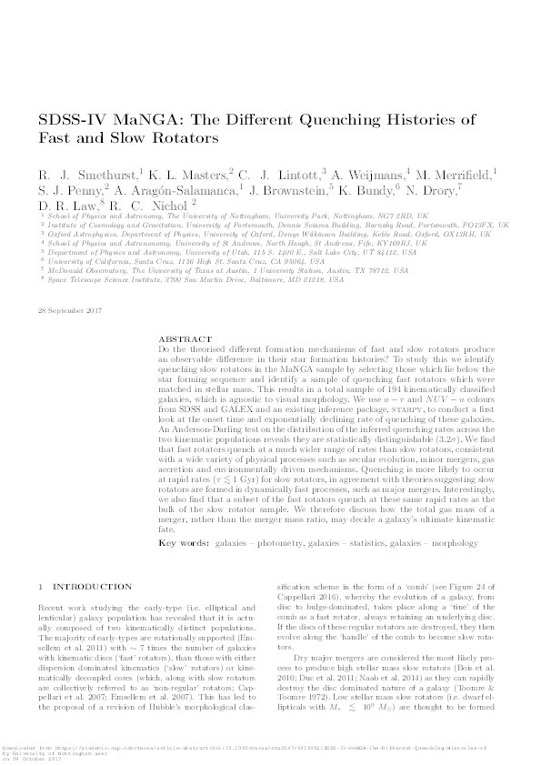 SDSS-IV MaNGA: the different quenching histories of fast and slow rotators Thumbnail