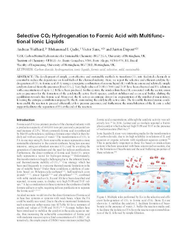 Selective CO2 hydrogenation to formic acid with multifunctional ionic liquids Thumbnail