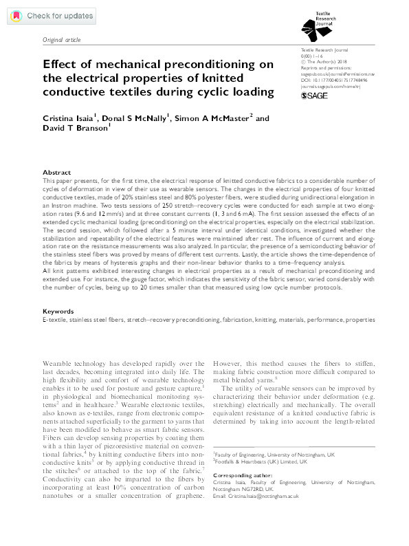 Effect of mechanical preconditioning on the electrical properties of knitted conductive textiles during cyclic loading Thumbnail